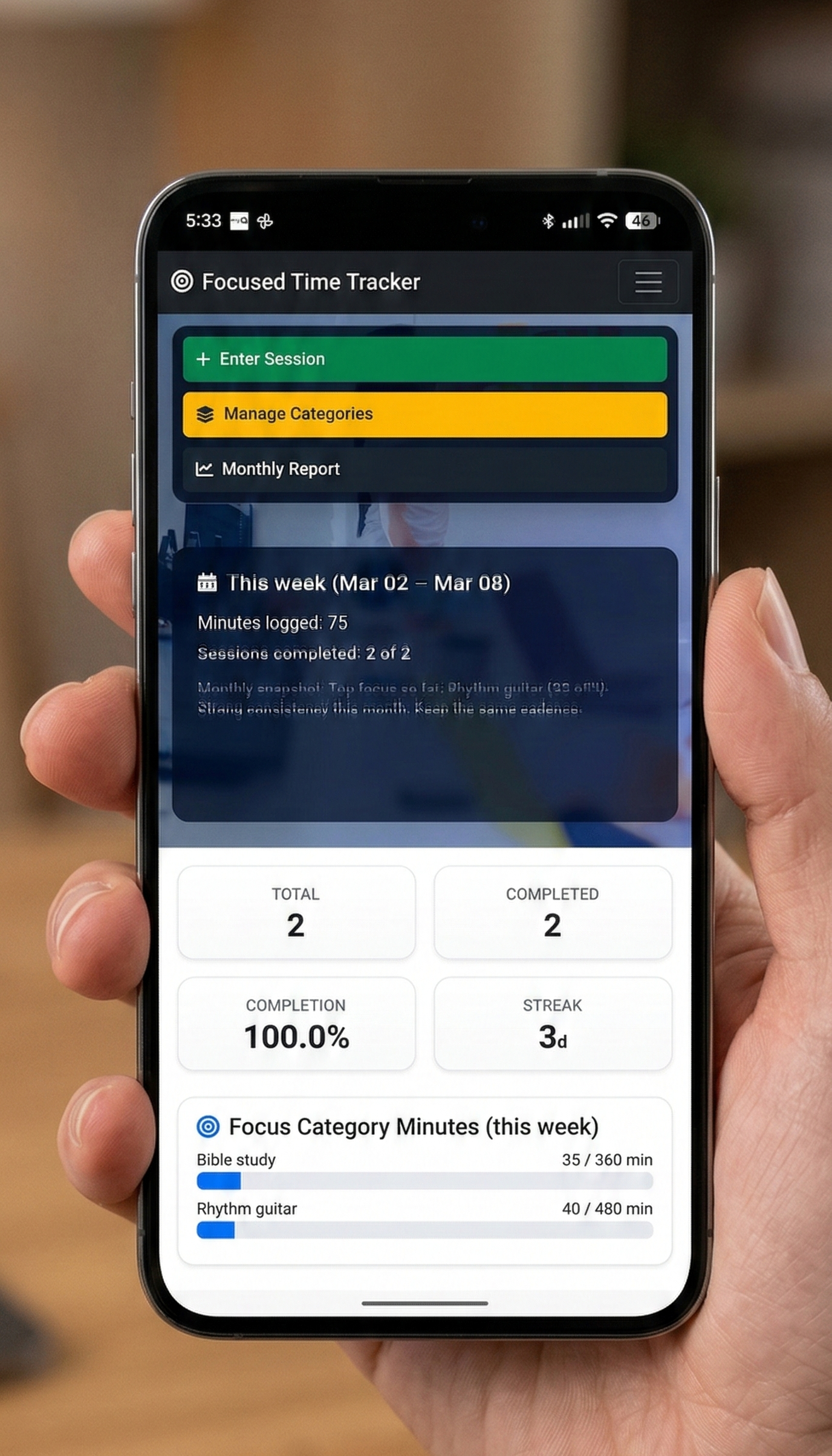 Focus Performance Tracker mobile app mockup